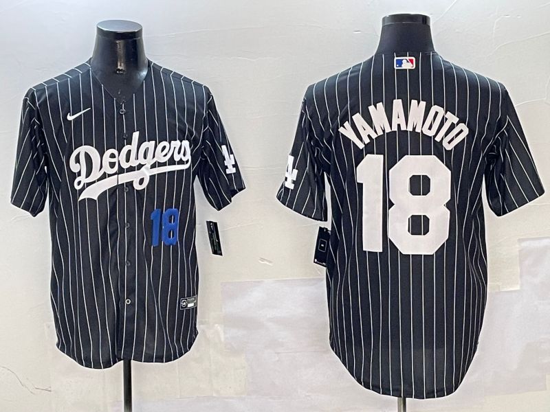 Men Los Angeles Dodgers 18 Yamamoto Black Stripe Jointly Name 2025 Nike MLB Jersey style 5
